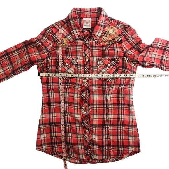 Y2k True Religion Fresh Peach Plaid Button Down Shirt Western Styling Gold Logo - Picture 9 of 16